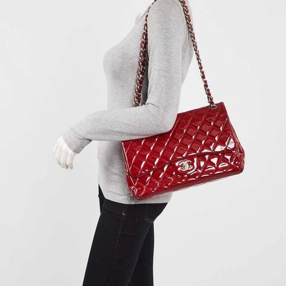 Chanel Red Quilted Patent Leather Classic Jumbo Double Flap Bag - Picture 8 of 9